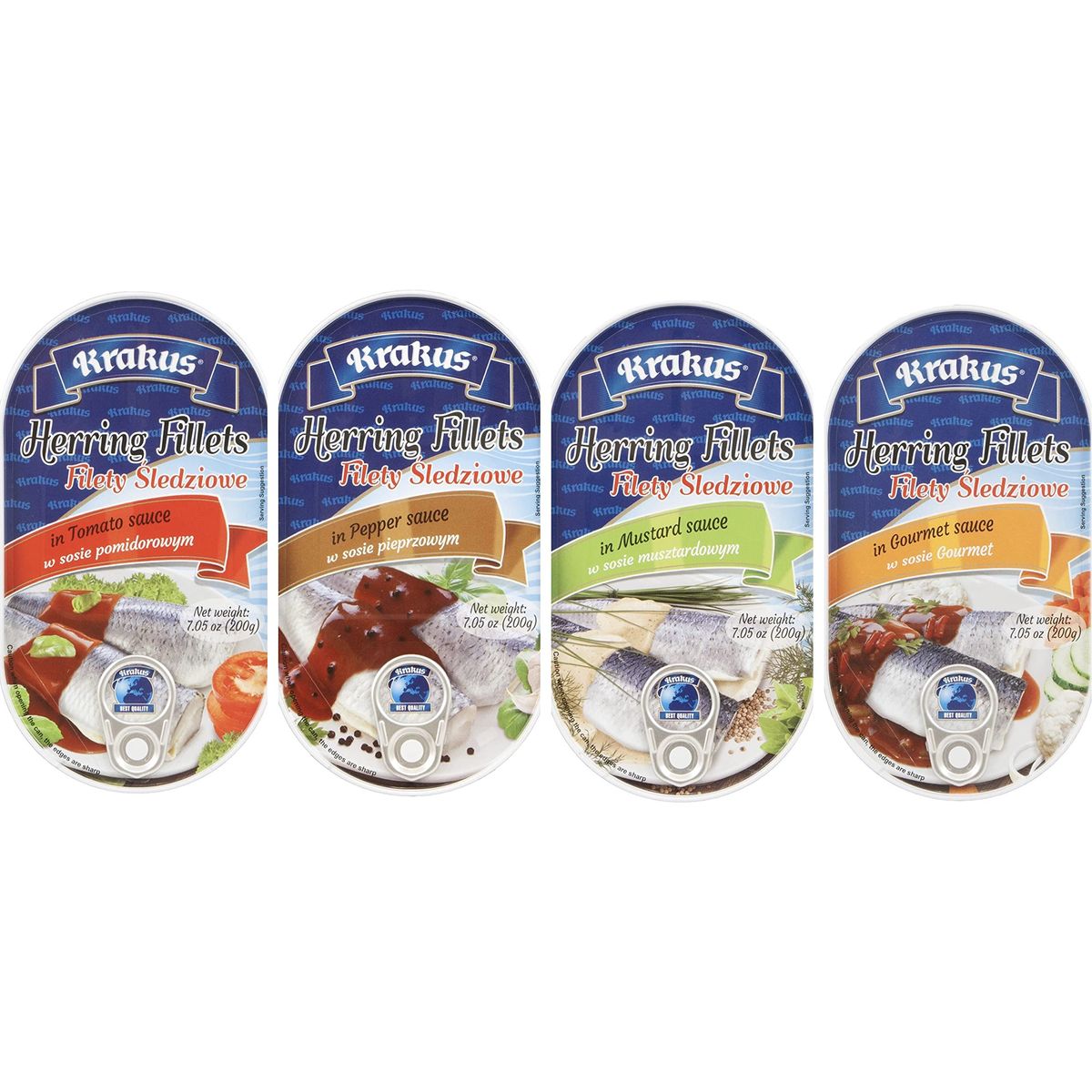 KRAKUS HERRING FILLETS in variety taste sauce tomato mustard gourmet pepper 705 oz 200g x 4 pack Variety taste PRODUCT OF POLAND