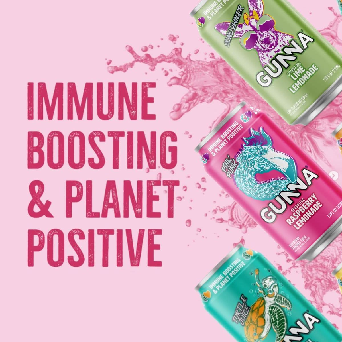 Gunna Craft Soda Beverage  Raspberry Pink Lemonade  Immune Boosting Sparkling Lemonade  Natural  Vegan  Keto  Soda  Sparkling Lemonade Cans  12 oz  12 pack