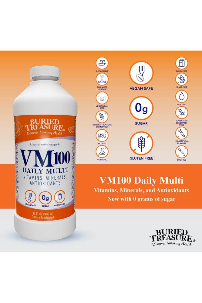 Buried Treasure VM100 Complete Daily Liquid Vitamins and Minerals plus Antioxidants Supplement for Maximum Absorption Great Tasting Orange Zest Flavor 32 Servings 32 Ounce