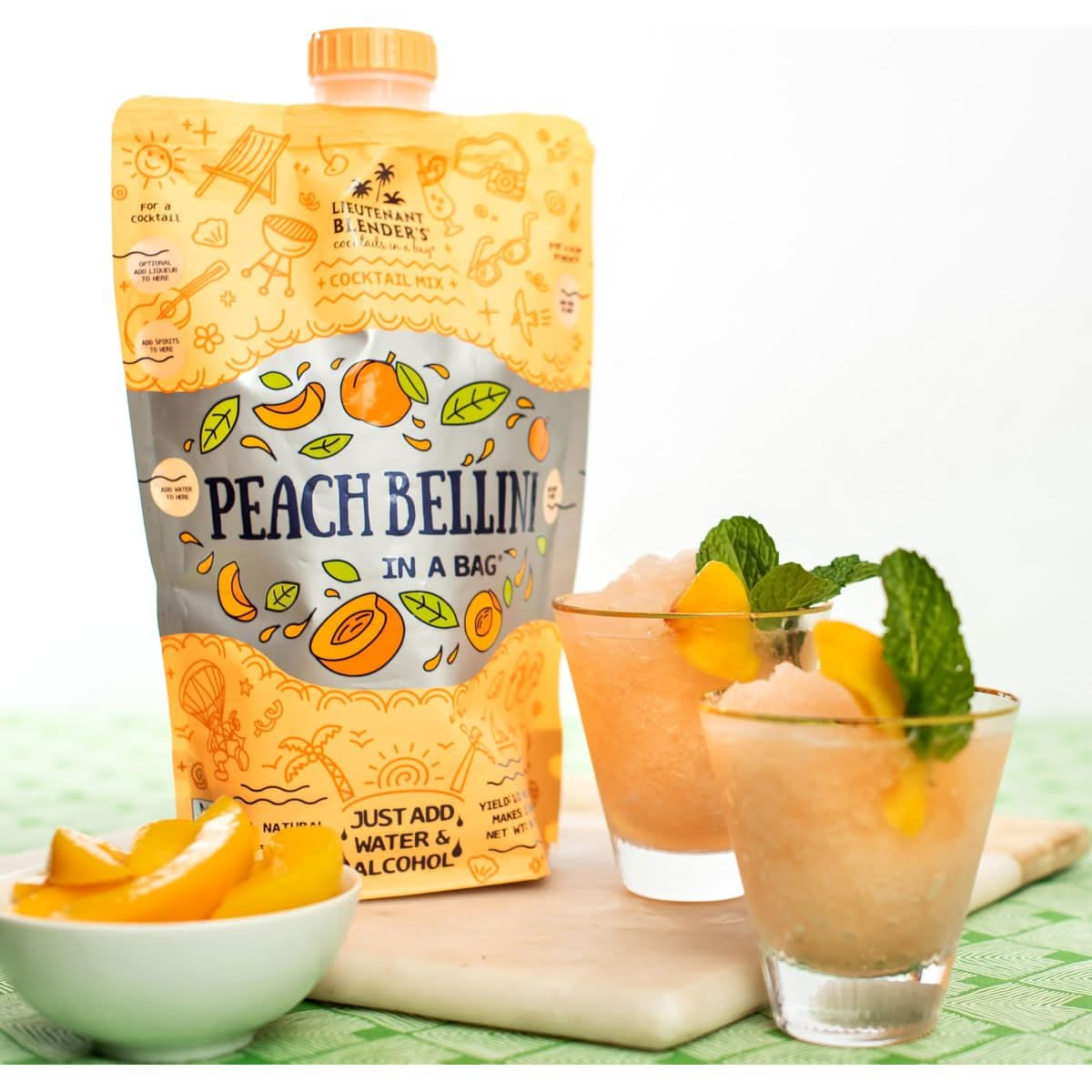 Lt Blenders Peach Bellini in a Bag  Wine Slushie Mixes  Each Bag Makes 12 Gallon of Frozen Peach Bellini Mix  NonGMO Wine Freezer mix  Make with Wine Liquor or as a Mocktail  Pack of 4