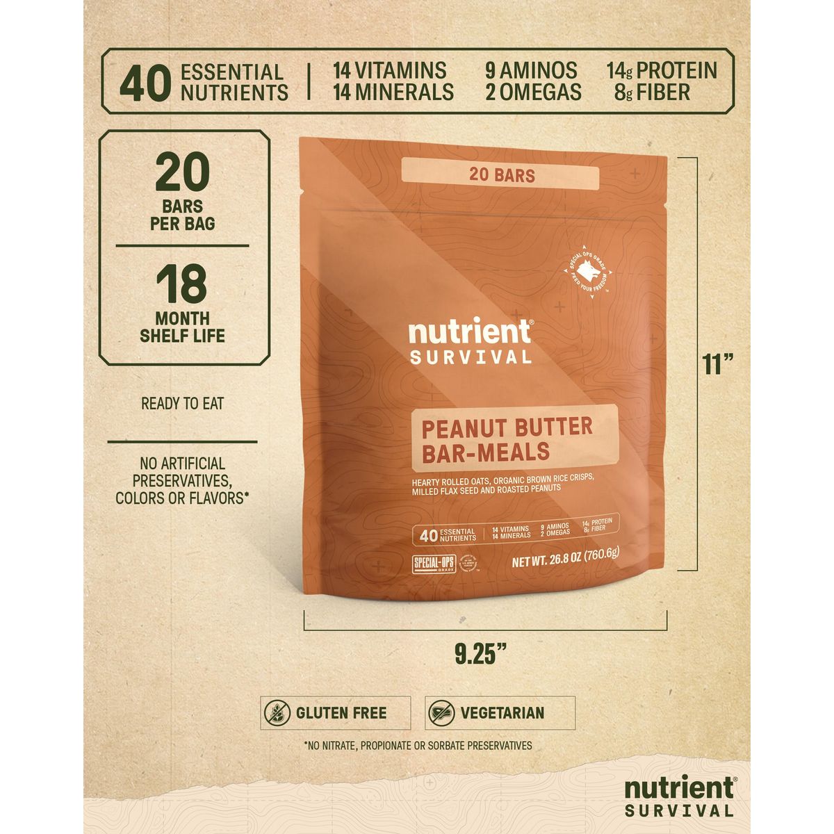 Nutrient Survival MRE Peanut Butter Bars Meal Replacement 10 Servings Freeze Dried Prepper Supplies  Emergency Food Supply Gluten Free Shelf Stable Up to 18 Months 20 Individually Wrapped Bars