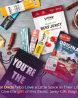 Jerky Gift Bag  Exotic Jerky Variety Pack in Fun Youre the Man Bag  Gifts for Men Who Wants Nothing Assortment of High Protein Beef Jerky Snack Packs  Ideal Gift for Dad from Daughter Son or Wife