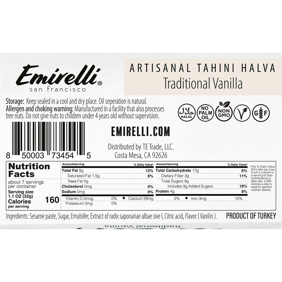 Emirelli Artisanal Halva Dessert  Authentic Middle Eastern Candy Turkish Sweets  Vegan Candy 55Tahini Halwa  Halvah Traditional International Sweets  Tasty Traditional Vanilla Flavor Pack of 1