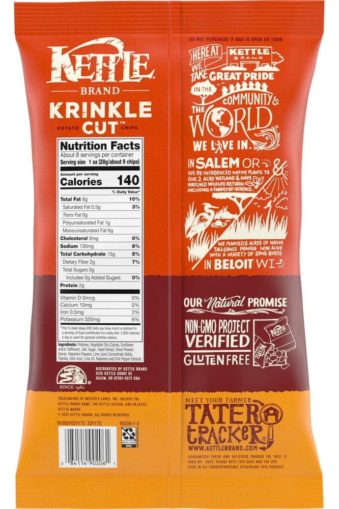 Kettle Brand Potato Chips Krinkle Cut Habanero Lime Kettle Chips, 7.5 Oz