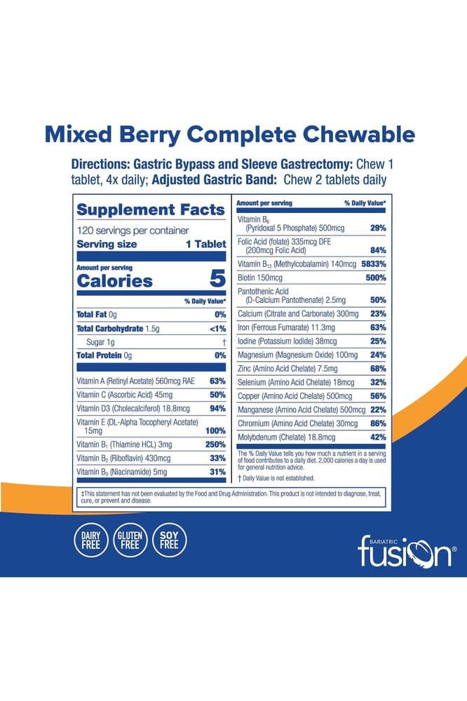 Bariatric Fusion Mixed Berry Complete Chewable Bariatric Multivitamin with Iron for Bariatric Surgery Patients Including Gastric Bypass and Sleeve Gastrectomy - 120 Tablets