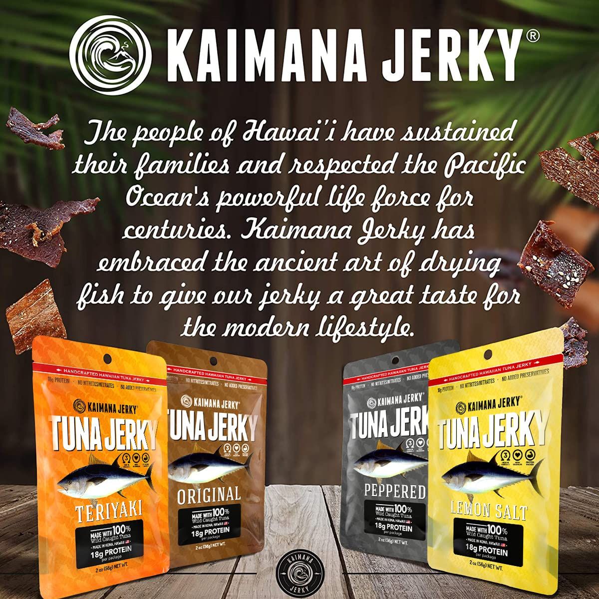 Kaimana Ahi Tuna Fish Jerky  Premium Protein  Rich In Omega3s  All Natural  Wild Caught Tuna Jerky Made in Hawaii USA 4 Pack Variety Bundle