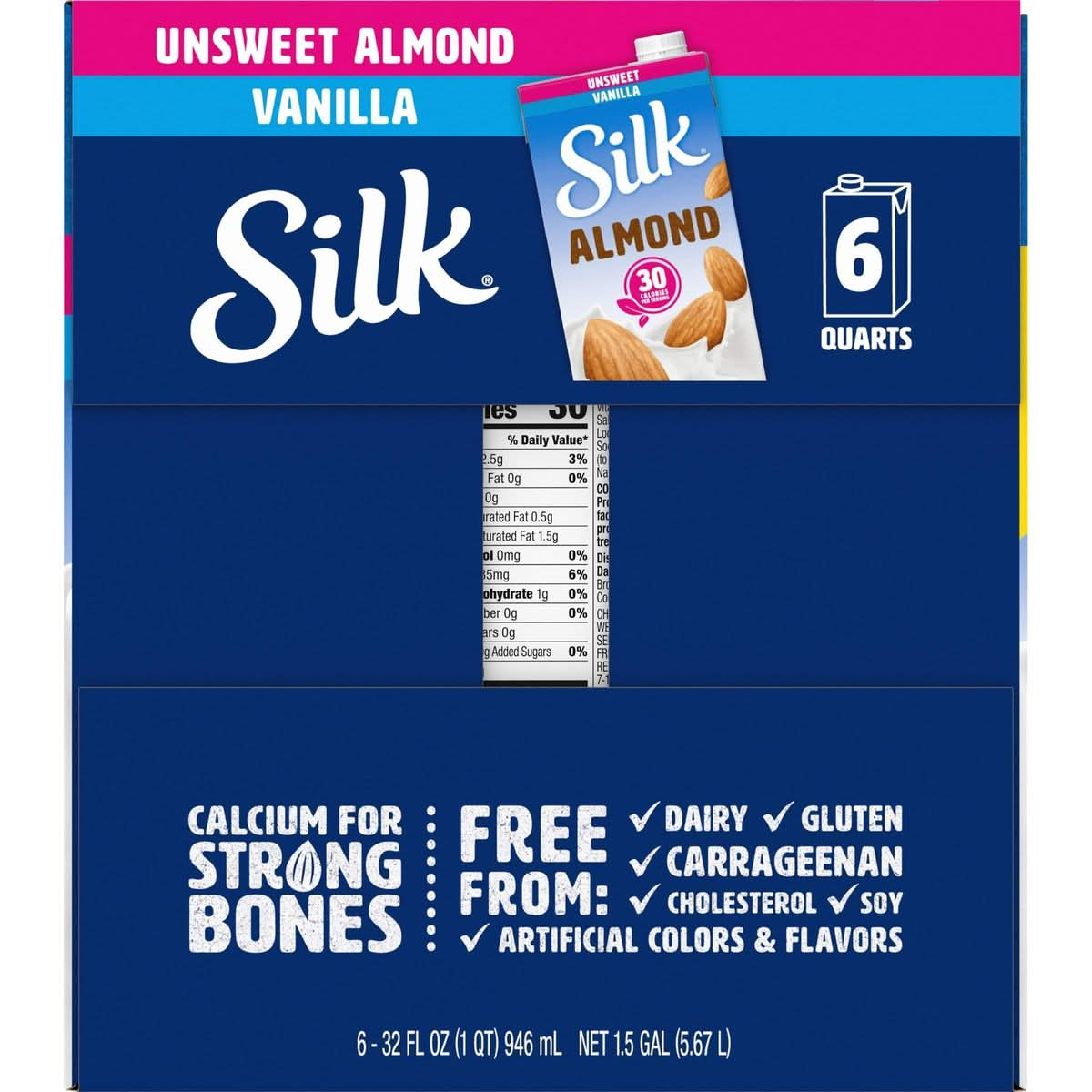 Silk ShelfStable Almond Milk Unsweetened Vanilla DairyFree Vegan NonGMO Project Verified 1 Quart Pack of 6