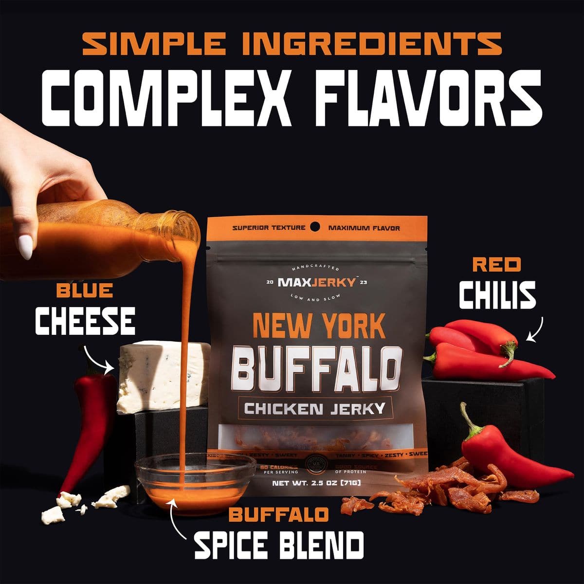 MaxJerky Jerky Variety Pack Montreal Maple Bacon Texas BBQ Beef Jerky New York Buffalo Chicken Jerky and Sichuan Chili Chicken Jerky 4 Pack