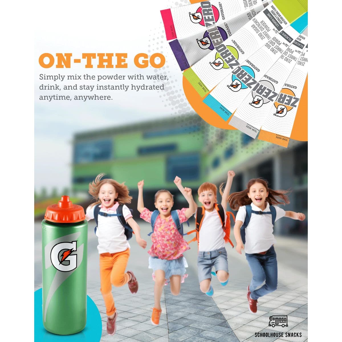 Gatorade Water Bottle with 6 Convenient Gatorade Zero Powder Packets for Hydration on the Go bundle by Schoolhouse Snacks