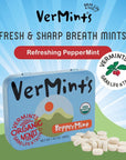 Organic Breath Mints by VerMints PepperMint Flavor All Natural NonGMO Nut Free Gluten Free Vegan KSA Kosher Pack of 6 141oz Tins