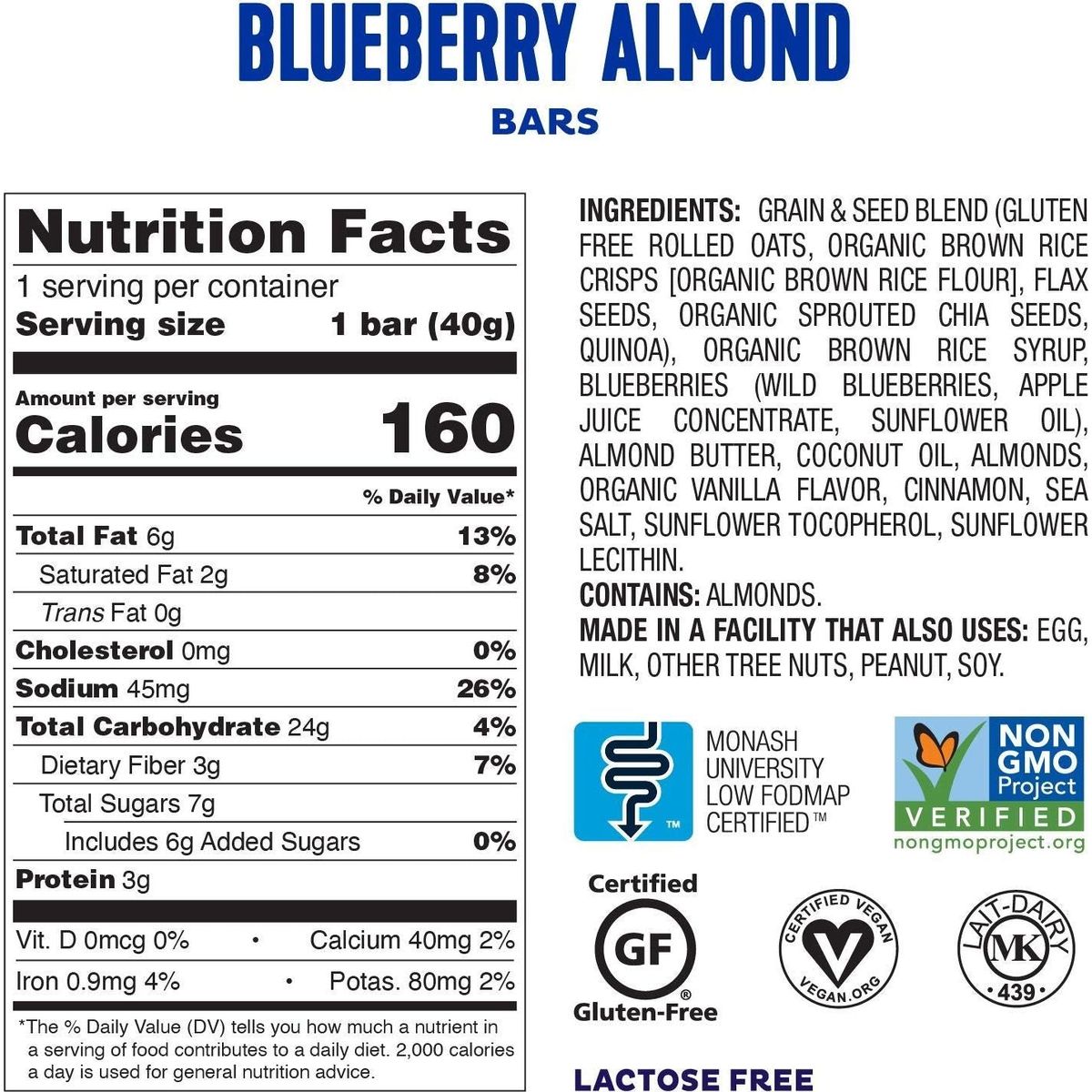 Fody Foods Vegan Protein Nut Bars, Blueberry Almond Flavor, 3g Protein per Bar, Low FODMAP Certified, Gut &amp; IBS Friendly, 6 Count