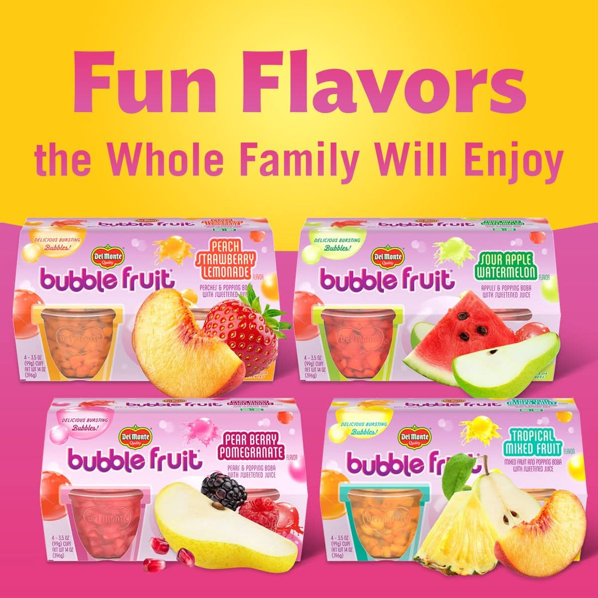 DEL MONTE BUBBLE FRUIT CUP Snacks Peach Strawberry Lemonade 24 Pack 35 oz