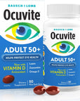 Ocuvite Eye Vitamin & Mineral Supplement, Contains Zinc, Vitamins C, E, Omega 3, Lutein, & Zeaxanthin, Bausch & Lomb Ocuvite Adult 50+ Eye Vitamin & Mineral Softgels, 50 Count (Packaging May Vary)