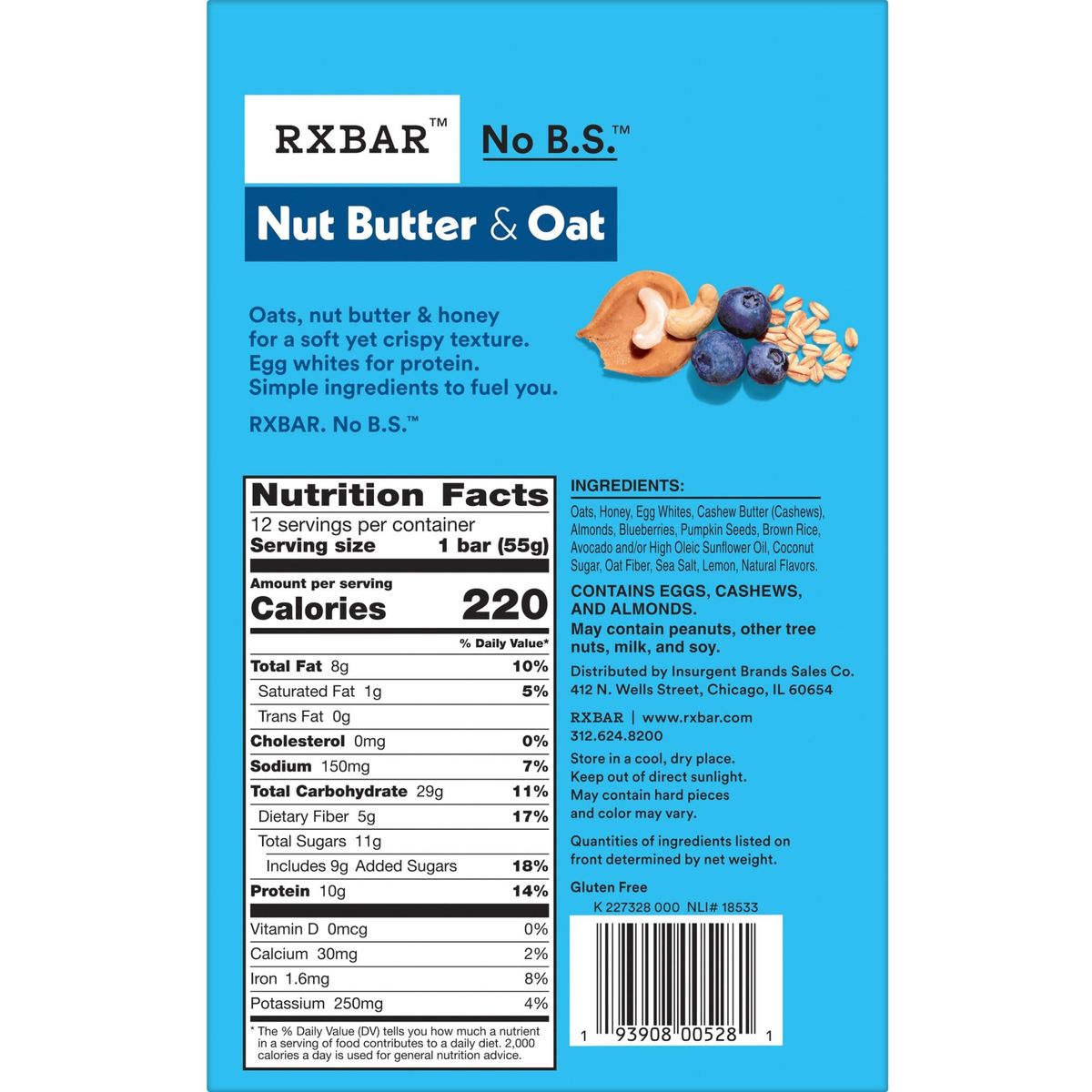 RXBAR Nut Butter and Oat Protein Bars Protein Snacks Snack Bars Blueberry Cashew Butter 232oz Box 12 Bars