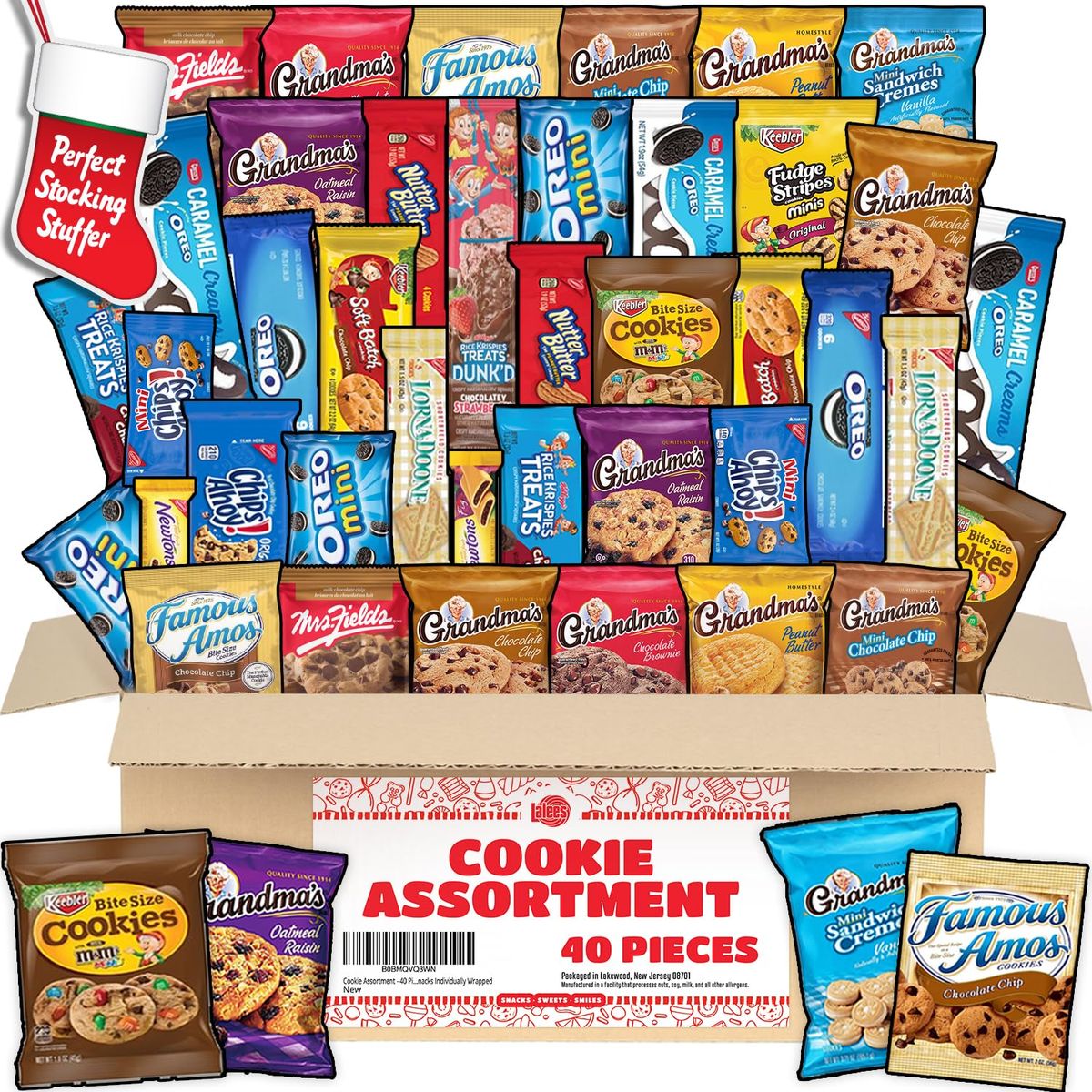 Cookie Assortment Box  40 FULL SIZE Pieces  Bulk Variety Pack  Cookie Sampler Snack Box  Cookies Individually Wrapped  Cookie Assortment for Camp Office Birthday