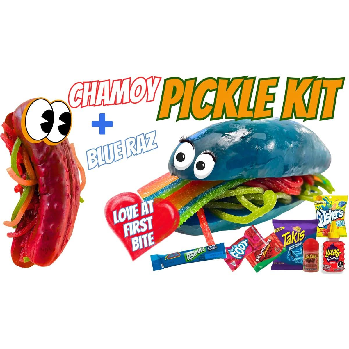 Chamoy Pickle Kit For 2  Blue Raspberry Pickle KitComes In A Gift Box by Food Crush Comes With Blue Takis chips Fruit Rollups and other Mexican candy snacks The Gift Box From Tiktok