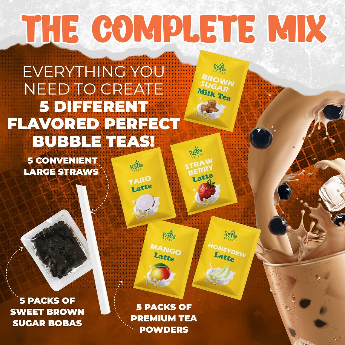 Fusion Select Authentic Bubble Tea Kit Extra Rich 5 Packs Bubble Tea Drink Boba Tapioca Pearl Straws Popular Bubble Tea Flavors 10 Flavors