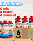 Protein Shake Variety 6 Pack  2 each of 3 Flavors which include Chocolate Cinnamon Roll and Vanilla packaged in a box for customer convenience and customer satisfaction