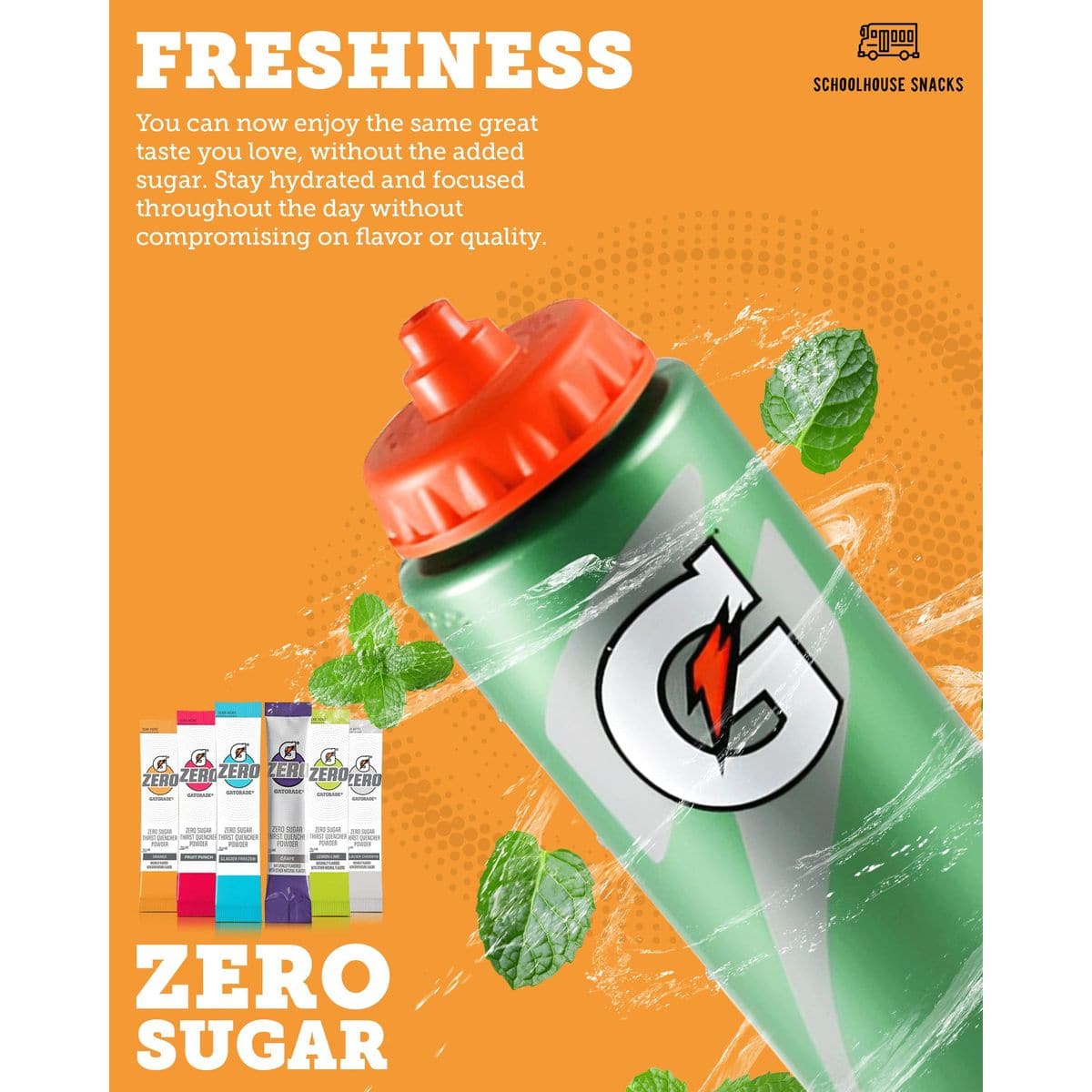 Gatorade Water Bottle with 6 Convenient Gatorade Zero Powder Packets for Hydration on the Go bundle by Schoolhouse Snacks