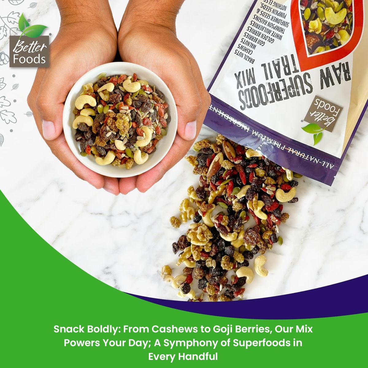 BetterFoods Raw Superfoods Trail Mix  The Works  Unsalted No Added SugarsFats Vegan NonGMO GlutenFree  Thompson Raisins Walnuts Goji  Golden Berries Seeds  More  NutrientPacked Snack 20oz