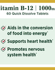 Nature's Bounty Vitamin B12, Supports Energy Metabolism and Nervous System Health, 1000mcg, 60 Quick Dissolve Tablets