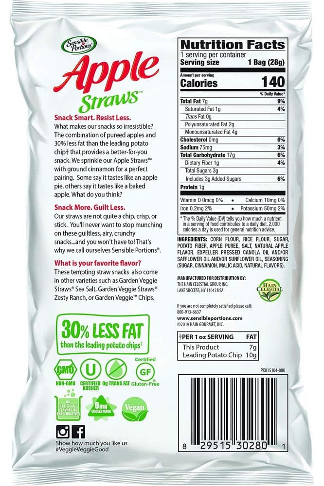 Sensible Portions Veggie Straws, Snack Size Variety Pack, Sea Salt, Ranch, Cheddar, Apple Cinnamon, 1 Oz, (Pack of 24)