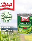 Libbys Sweet Peas  Deliciously Sweet  Nutty Flavor  Tender  Succulent  Creamy Smooth  Grown  Made in the USA 85 oz Pack of 12