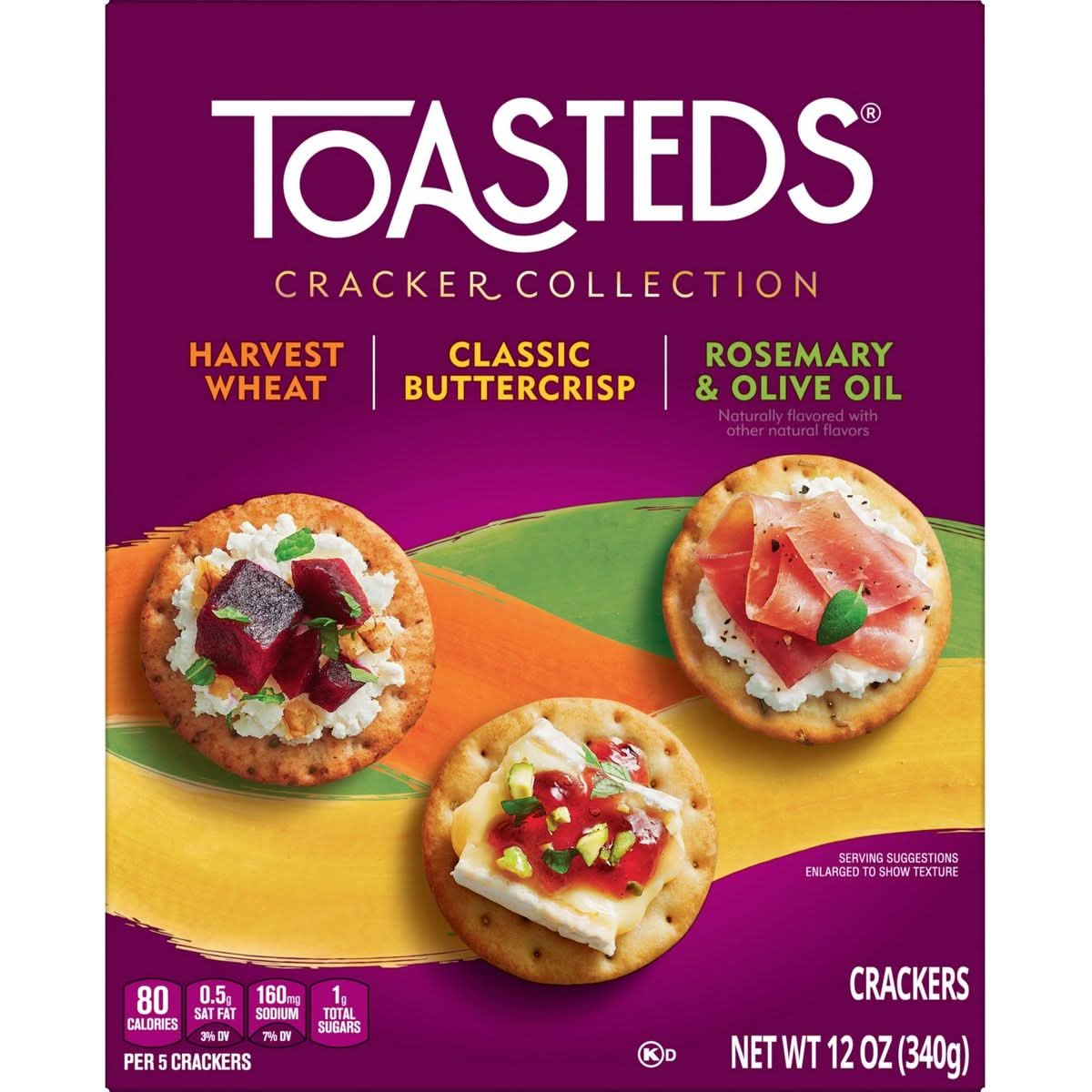 Toasteds Crackers Party Snacks Artisan Collection Variety Pack 12oz Box 1 Box