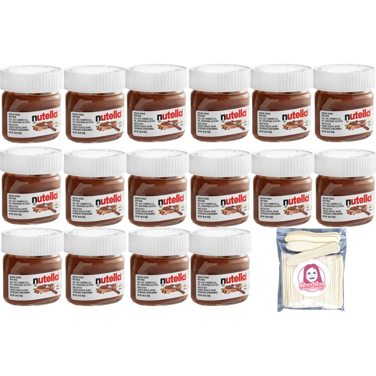 Nutella Hazelnut Spread 16 Mini Glass Jar 088 oz Set with a Sophley 3 EcoFriendly Unwrapped Wooden Taster Spoon  50Pack