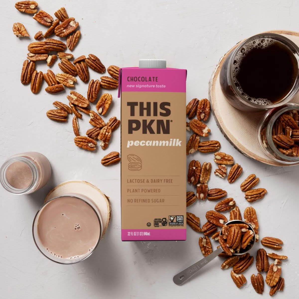 THIS PKN Pecan Nut Milk Chocolate Non Dairy Milk Alternative Made from Real Texas Pecans Plant Based Chocolate Milk Made Without Added Sugars and No GMOs or Lactose 32oz Pack of 6