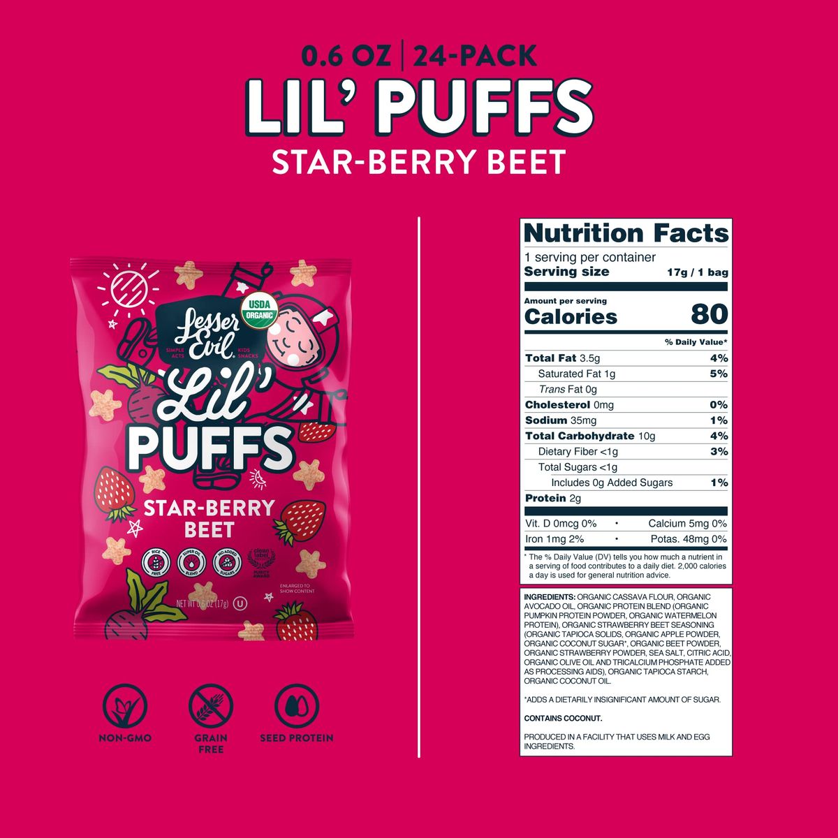 LesserEvil Strawberry Beet Lil Puffs Organic Snacks for Kids RiceFree 0g Sugar Per Serving 06 Oz Pack of 24