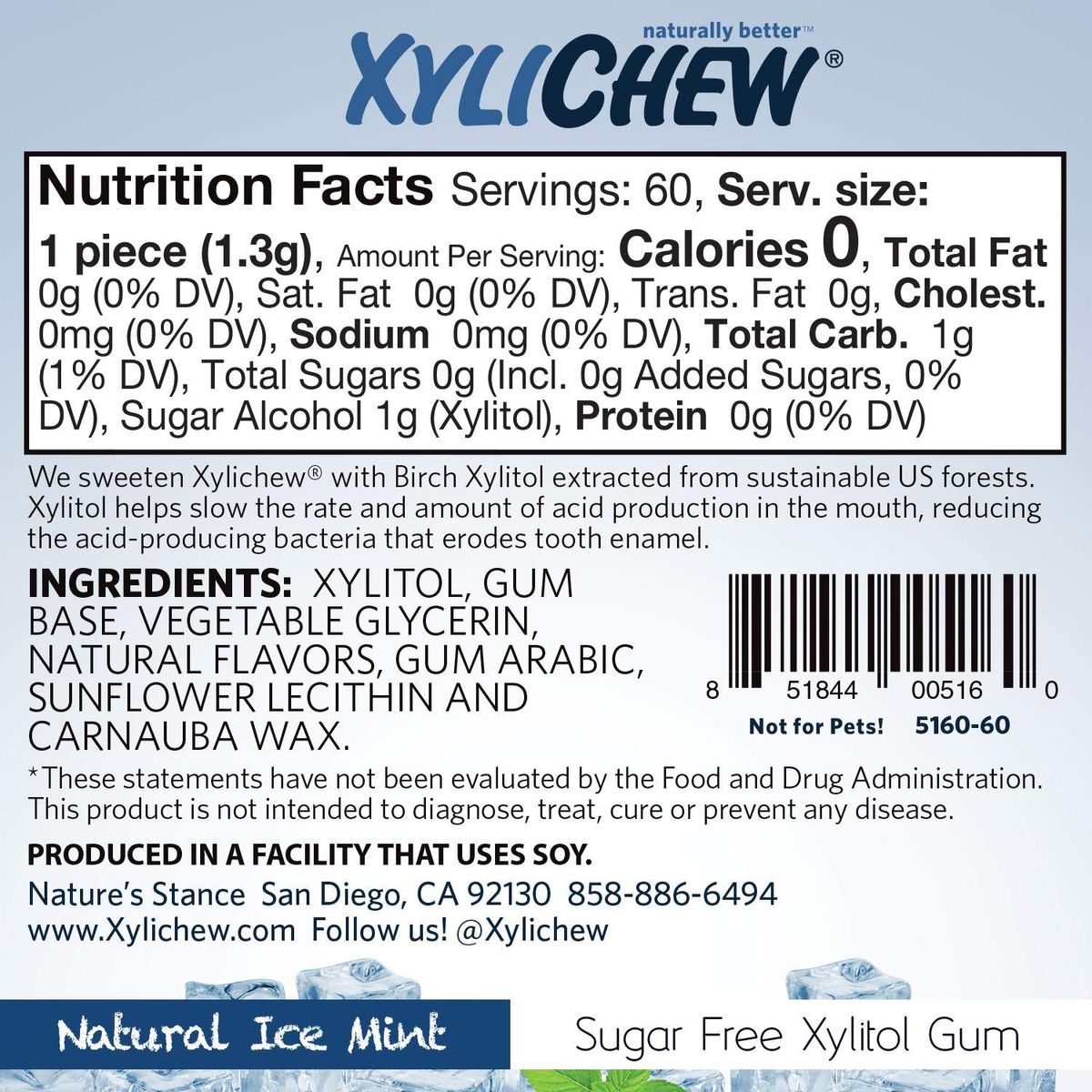 Xylichew 100 Xylitol Chewing Gum  Non GMO Non Aspartame Gluten Free and Sugar Free Gum  Natural Oral Care Relieves Bad Breath and Dry Mouth  Ice Mint 60 Count