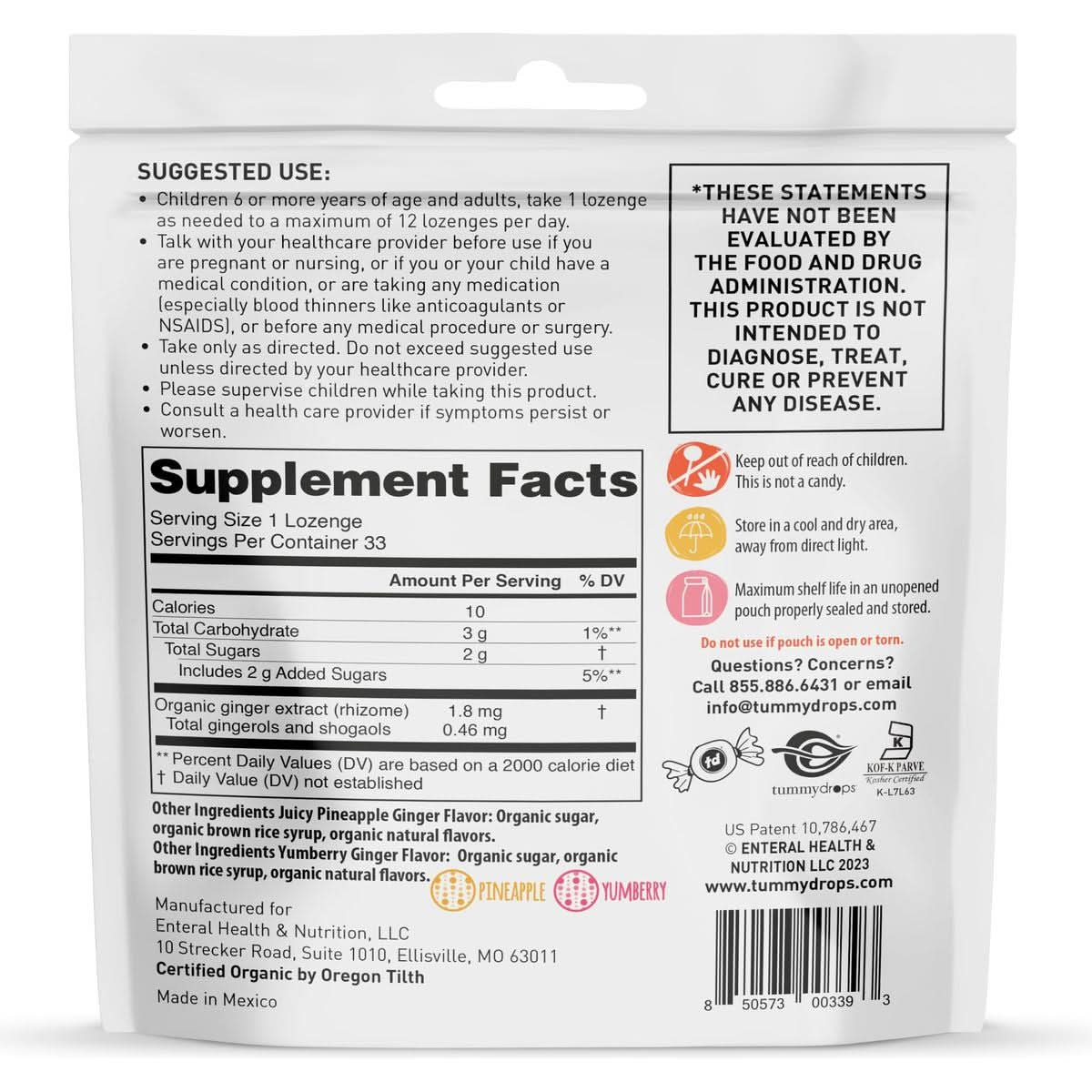 Tummydrops USDA Organic Ginger Variety Pack mix of pineapple  yumberry Gluten Free  Vegan 33 Individually Wrapped Organic Ginger Lozenges