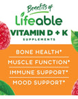 Lifeable Vitamin D3 + K2 - Great Tasting Natural Flavor Gummy Supplement Vitamins - Gluten Free Vegetarian and Non-GMO Chewable - for Strong and Healthy Bones - 60 Gummies (Kids)