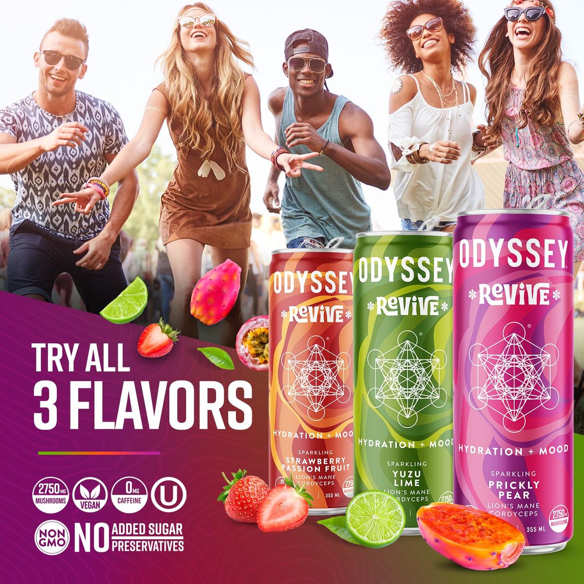 Odyssey Revive Sparkling Hydration Drink wL Theanine Lions Mane Cordyceps and Electrolytes Caffeine Free Natural Energy Drinks Vegan NonGMO 12 Fl oz Variety Pack 12 Cans