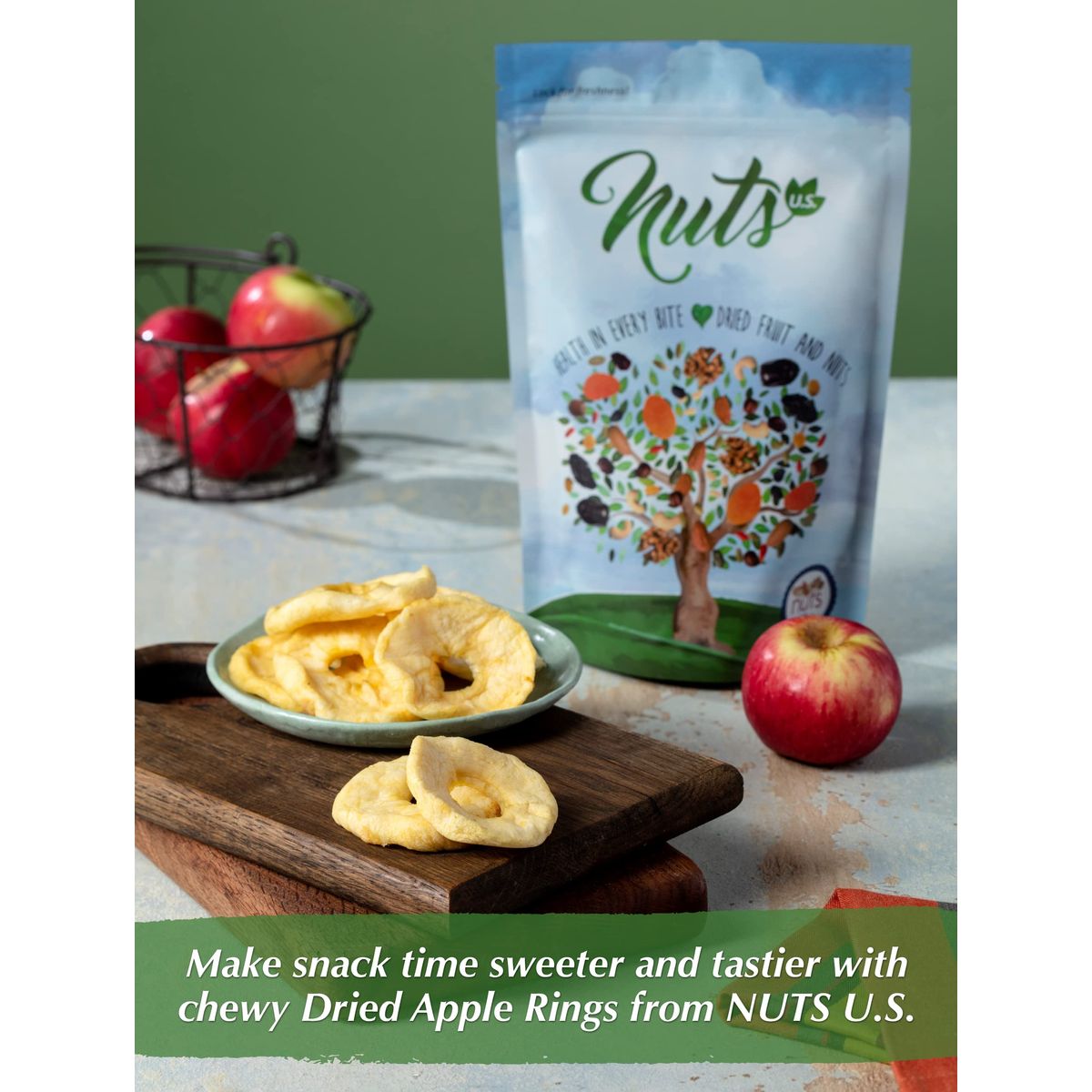 NUTS US  Dried Apple Rings  No Added Sugar  No Artificial Color  Chewy Texture  NONGMO  Juicy and Natural  Packed in a Resealable Bag 2 LBS