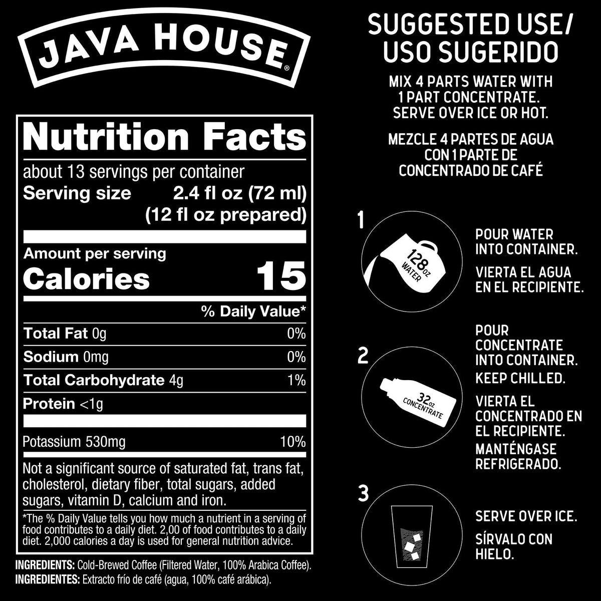 JAVA HOUSE Cold Brew Coffee Colombian 41 Liquid Concentrate 32 Ounce Bottle