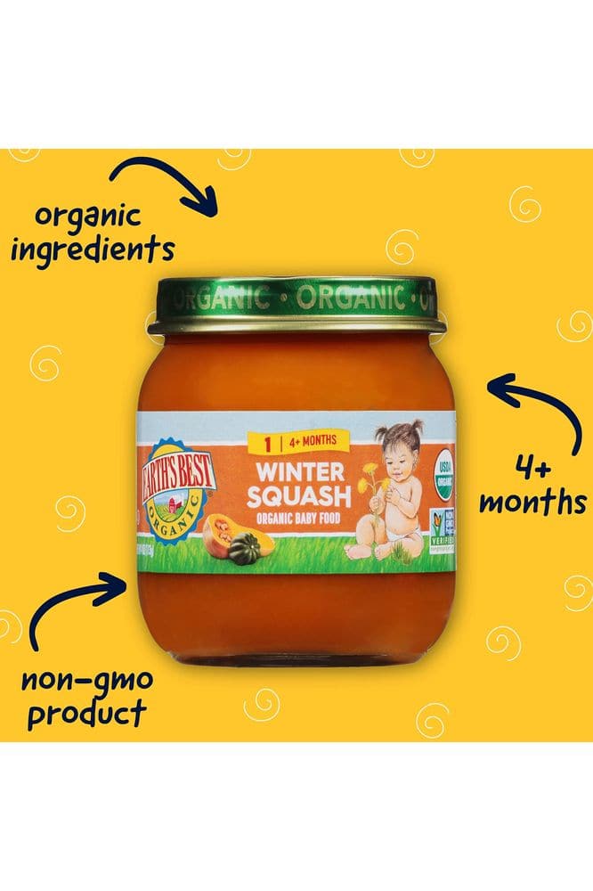 Earth&#39;s Best Organic Baby Food Jars, Stage 1 Vegetable Puree for Babies 4 Months and Older, Organic Winter Squash, 4 oz Resealable Glass Jar