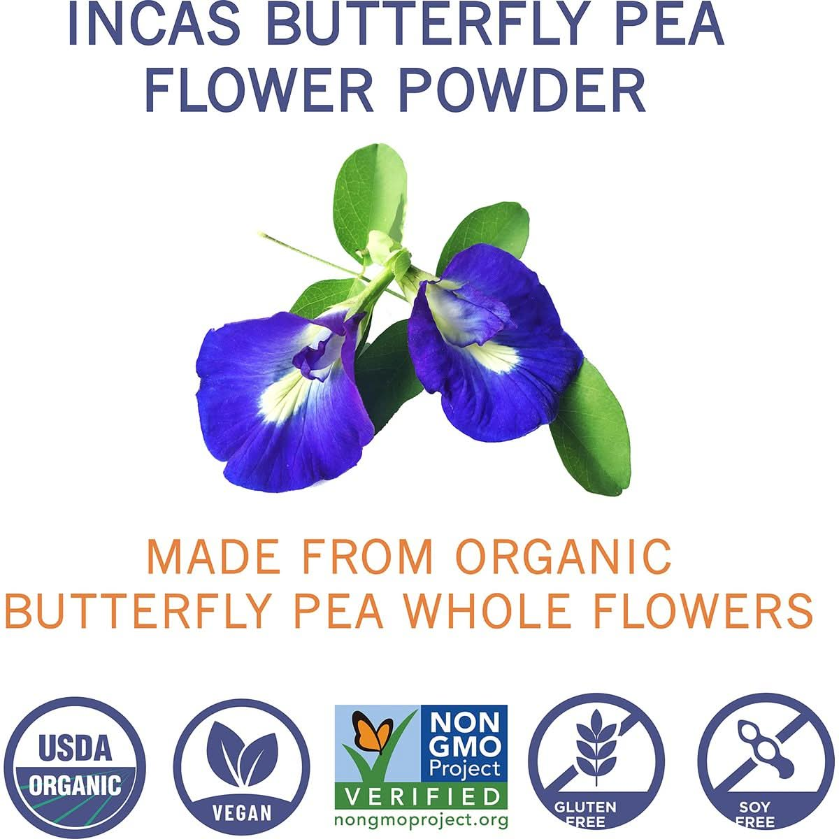 INCAS 100 USDA Organic Butterfly Pea Flower Powder 4 Ounce  Organic Blue Matcha Tea  NonGMO Verified Extract from Thailand  Organic Blue Food Coloring  Adaptogenic Raw Culinary  Vegan