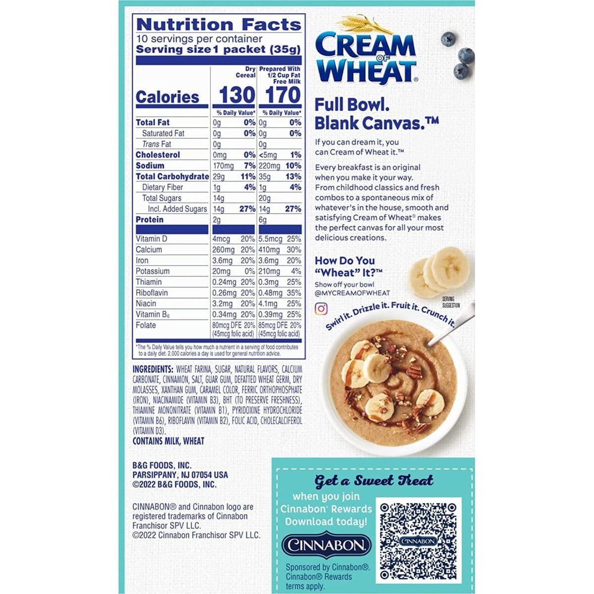 Cream of Wheat Cinnabon Instant Hot Cereal Packets 10123 Ounce Single Serving Packets with By The Cup Cereal Bowl