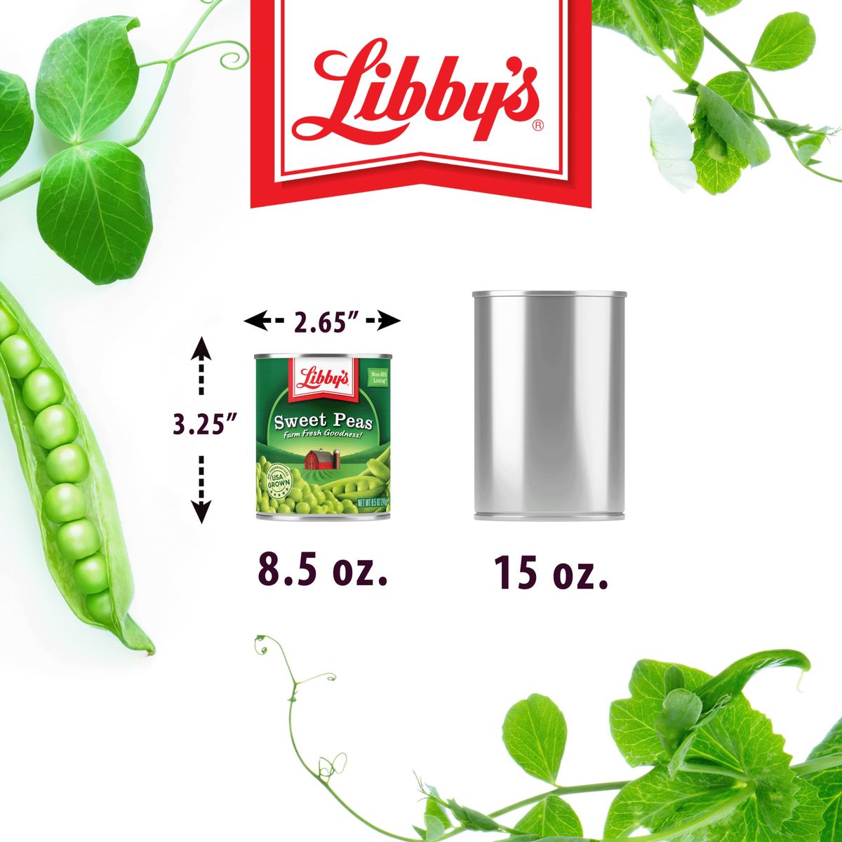 Libbys Sweet Peas  Deliciously Sweet  Nutty Flavor  Tender  Succulent  Creamy Smooth  Grown  Made in the USA 85 oz Pack of 12