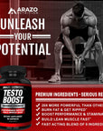 Arazo Nutrition TestoBoost Test Booster Supplement - Potent & Natural Herbal Pills - Boost Muscle Growth - Tribulus, Horny Goat Weed, Hawthorn, Zinc, Minerals