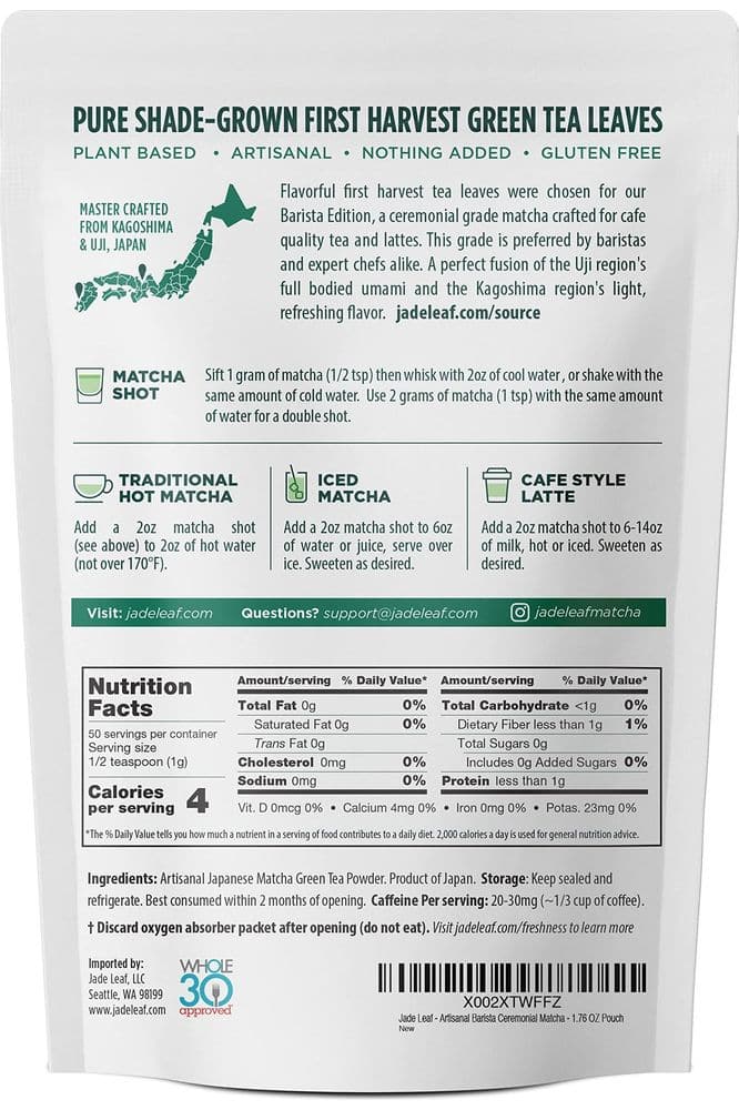 Jade Leaf Artisanal Ceremonial Grade Matcha Green Tea Powder - Authentic Japanese Origin - Barista Edition For Cafe Quality Tea &amp; Lattes (1.76 Ounce)