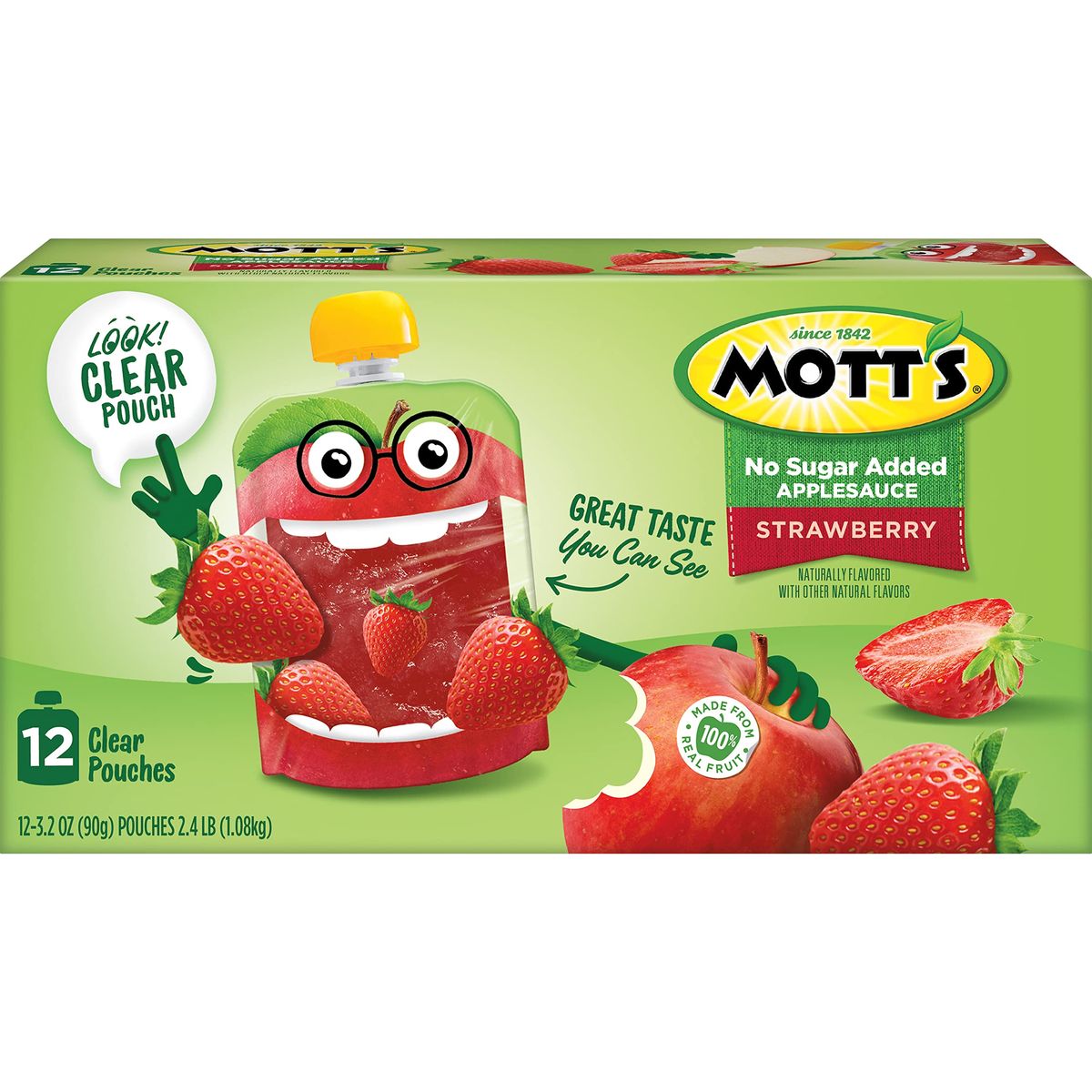 Motts No Sugar Added Strawberry Applesauce 32 oz clear pouches 12 count