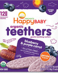 Happy Baby Gentle Teethers Organic Teething Wafers Blueberry Purple Carrot, 0.14 Ounce Packets (Box of 12) Soothing Rice Cookies for Teething Babies Dissolves Easily, Gluten Free No Artificial Flavor