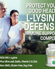 Bronson L-Lysine Defense Immune Support Complex 1500 MG L-Lysine Plus Olive Leaf, Garlic, Vitamin C and Zinc - Non-GMO, 90 Vegetarian Capsules