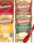 Instant Mashed Potatoes Bundled by Prendere Includes Four Packs of Idahoan Mashed Potatoes 4 Oz each Roasted Garlic Buttery Homestyle Loaded Baked Buttery Golden and a Prendere Measuring Spoon