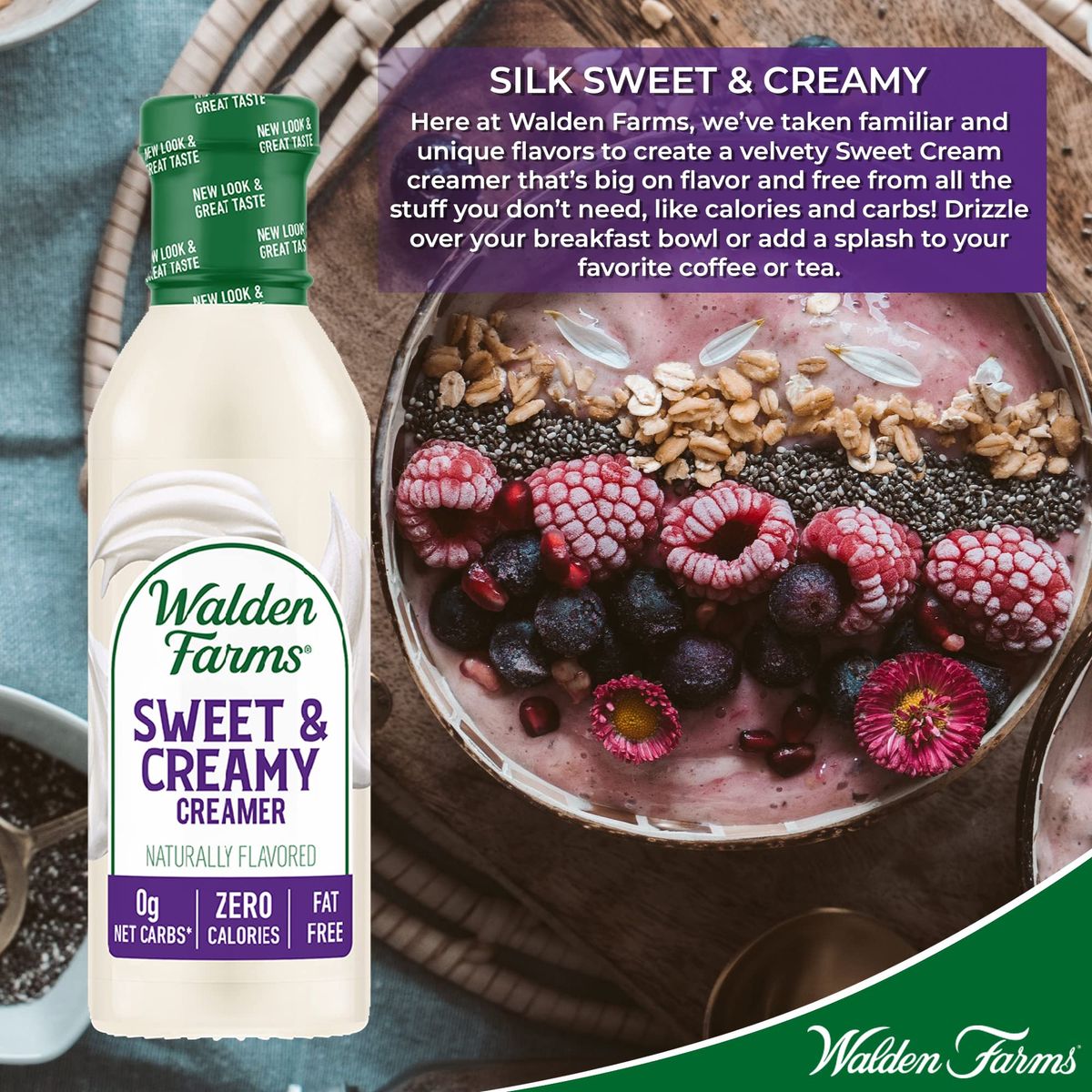 Walden Farms Sweet Cream Coffee Creamer 12 oz Bottle Fresh Flavored NonDairy Milk Substitute Natural and Organic Liquid Gluten Free and 0g Net Carbs Vegan Friendly 6 Pack Bottles