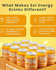 Sol Energy  Natural Energy Drink  Healthy Sugar Free Formula  Naturally Sweetened with Stevia and Monk Fruit  150mg of Caffeine  Low Calorie  Peach Mango Flavor  16oz cans Pack of 12