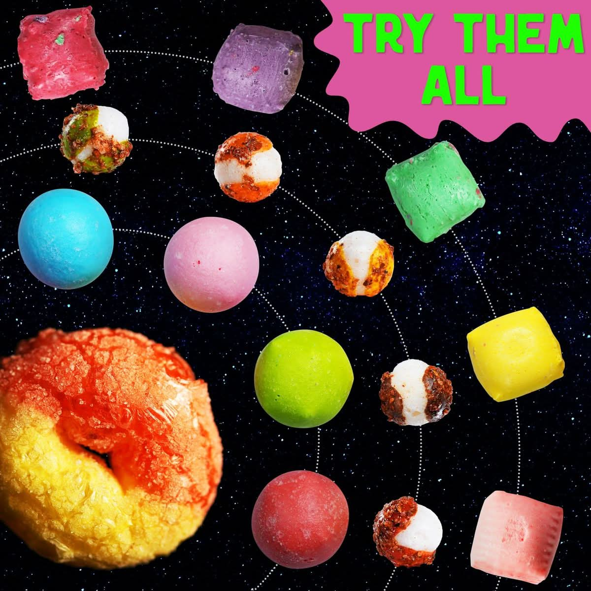 UFO Variety Pack  9 Kinds of Premium Freeze Dried Candy  Cosmic Crunchies Moon Clouds Space Sharks Alien Tongues Lemon Stars and More  Shipped in a UFO Box with Fun Stickers 9 Pack